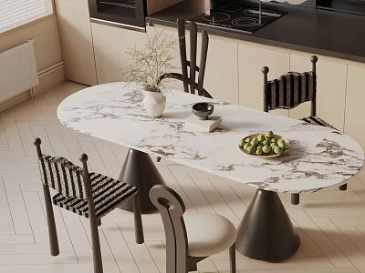 Modern Dining Table Set With Marble Top Chairs Vase And Fruit Bowl 3d model