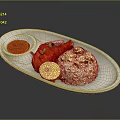 Roasted Chicken Leg With Fluffy Rice Lemon Slice And Red Sauce On White Plate