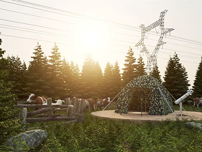 Camouflage Tent In Sunlit Forest Grassland With Horses And Wooden Fence 3d model