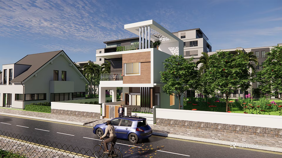Modern Detached Villa Exterior With Trees Greenery And Front Car Parking 3d model 