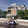 Modern Detached Villa Exterior With Trees Greenery And Front Car Parking
