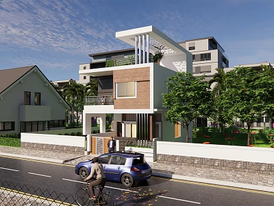 Modern Detached Villa Exterior With Trees Greenery And Front Car Parking 3d model