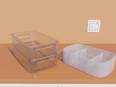 Clear Stackable Storage Boxes And White Multi Compartment Organizer For Desk Top Organization 3d model