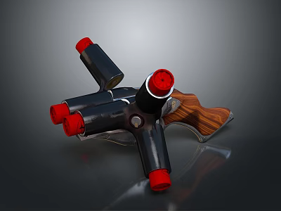 Multi Barrel Gun With Wooden Stock Black Barrels And Red Muzzles 3d model