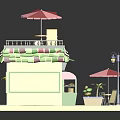 Cartoon Style Shop Scene With Colorful Awning Balcony Pink Umbrellas And Outdoor Tables