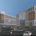 Modern Industrial Factory Building With Glass Curtain Wall Parking Area And Pedestrians