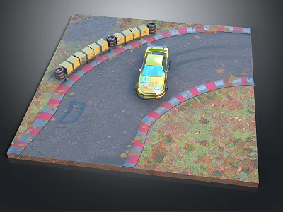 Yellow Racing Car On Curved Track With Yellow Black Barriers And Colorful Curbs 3d model
