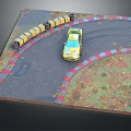 Yellow Racing Car On Curved Track With Yellow Black Barriers And Colorful Curbs