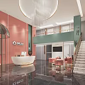 Modern Beauty Hair Salon Interior With Pink Walls Green Section Reception Desk And Chandelier