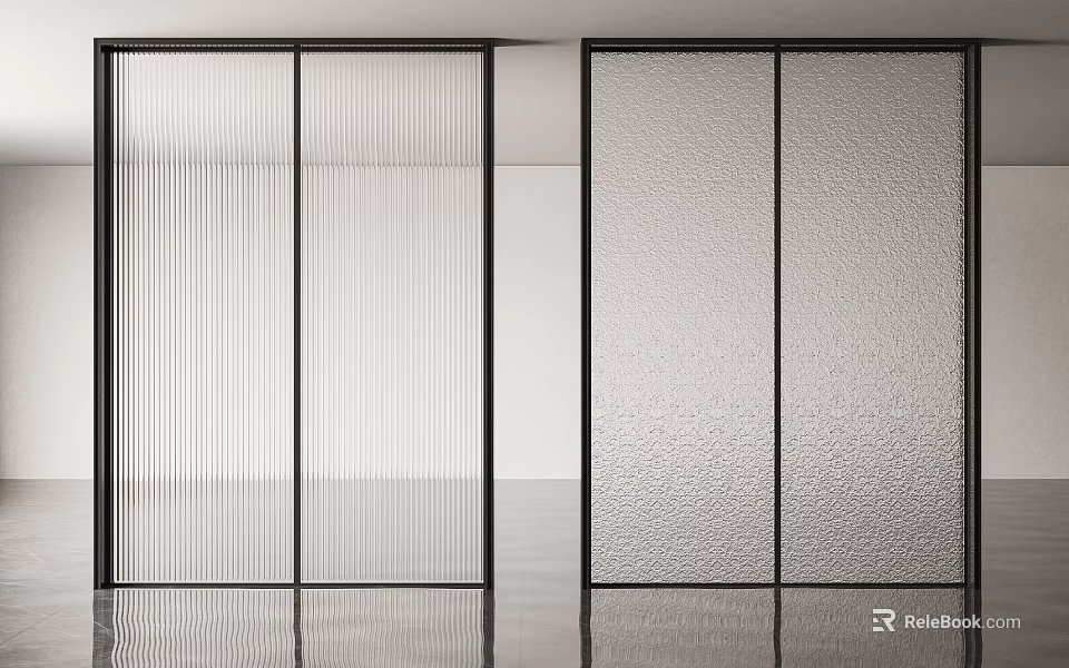Modern Sliding Doors With Vertical Striped And Frosted Glass Black Frames Interior Design 3d model 