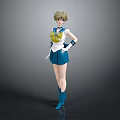Anime Style Female Character With Short Blonde Hair Blue Skirt White Gloves And Blue Boots
