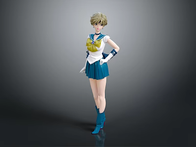 Anime Style Female Character With Short Blonde Hair Blue Skirt White Gloves And Blue Boots 3d model