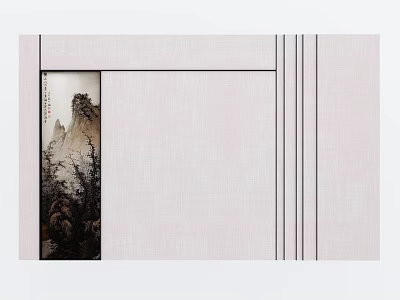 Light Colored Bedroom Accent Wall With Vertical Stripe Design And Chinese Landscape Painting 3d model