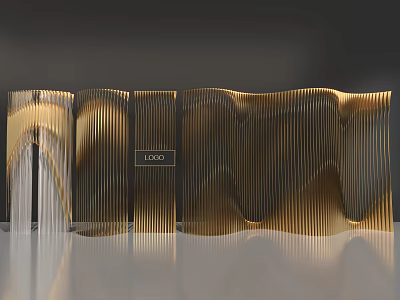 Elegant Golden Wavy Striped Art Installation Featuring Central Logo Panel 3d model