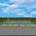 Outdoor Sports Facility With Basketball Courts Green Surfaces Fences Trees And Blue Sky