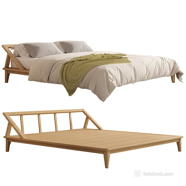 Modern Minimalist Double Bed With Wooden Frame Gray Pillows Beige Comforter And Green Throw Blanket 3d model 