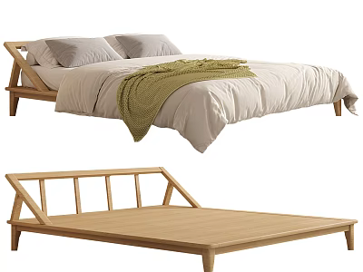 Modern Minimalist Double Bed With Wooden Frame Gray Pillows Beige Comforter And Green Throw Blanket 3d model