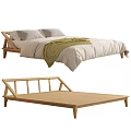 Modern Minimalist Double Bed With Wooden Frame Gray Pillows Beige Comforter And Green Throw Blanket
