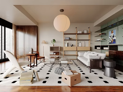 Contemporary Living Room Interior With White Sofa Wooden Shelves And Patterned Rug 3d model