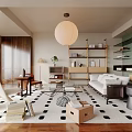 Contemporary Living Room Interior With White Sofa Wooden Shelves And Patterned Rug