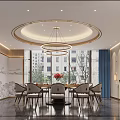 Modern Private Dining Room Interior Design With Round Table Circular Pendant Lights And Large Windows 3d model