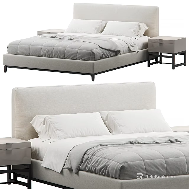 Modern Minimalist Double Bed With Upholstered Headboard Nightstands And Neutral Bedding 3d model 
