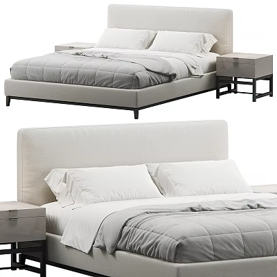 Modern Minimalist Double Bed With Upholstered Headboard Nightstands And Neutral Bedding 3d model