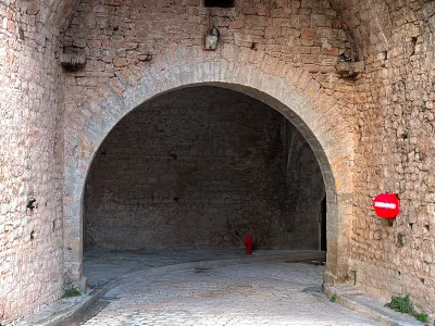 Stone Archway With Stone Walls Cobblestone Path Red No Entry Sign And Red Fire Hydrant 3d model