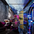 Futuristic Bar Interior With Neon Lights Mirror Floors And City Skyline View 3d model