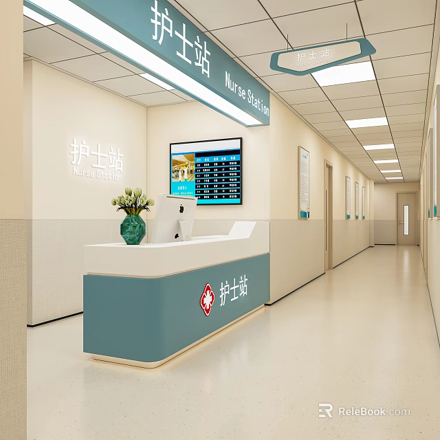 Nurse Station Interior With Reception Desk Digital Screen And Flower Decoration 3d model 