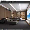Home Theater Room With Sectional Sofa Projector Large Screen Wooden Wall Panels And Wine Racks