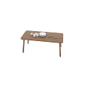 Minimalist Wooden Rectangular Dining Table with White Cups Plates and Wine Glasses Setup 3d model