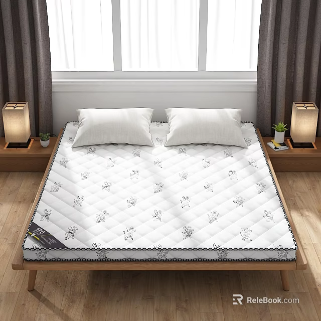 White Patterned Mattress with Diamond Stitching in Bedroom Setting with Nightstands and Table Lamps 3d model 