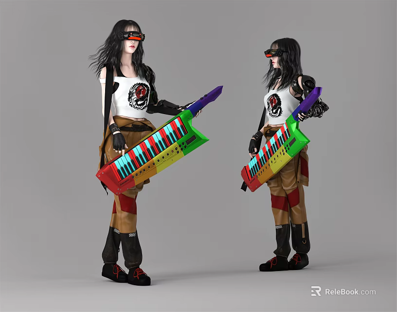 Women Wearing Black Glasses White Skull Shirt Brown Pants Holding Colorful Keyboard Instrument 3d model 