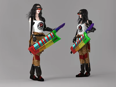 Women Wearing Black Glasses White Skull Shirt Brown Pants Holding Colorful Keyboard Instrument 3d model