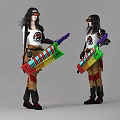 Women Wearing Black Glasses White Skull Shirt Brown Pants Holding Colorful Keyboard Instrument
