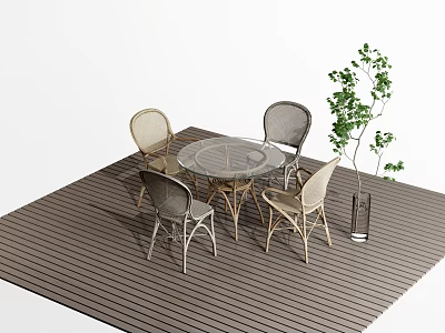 Round Glass Top Outdoor Table With Four Rattan Chairs On Wooden Patio With Potted Plant 3d model