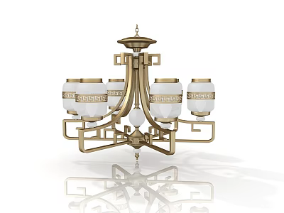 Classical Brass Chandelier With White Glass Shades And Greek Key Patterns 3d model