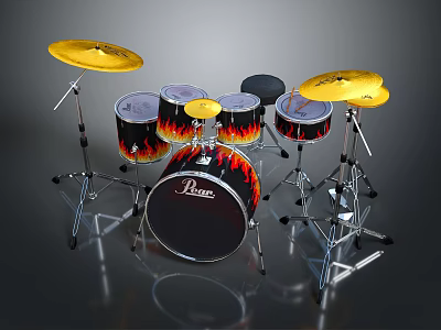Professional Pearl Flame Pattern Drum Set With Multiple Drums And Yellow Cymbals 3d model