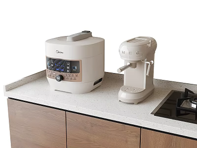 Stylish Kitchen Appliances Rice Cooker Coffee Maker On Light Colored Countertop With Wooden Cabinets 3d model