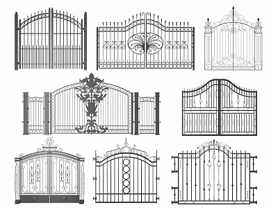 Wrought Iron Gates With Various Ornate Designs Scrollwork And Arched Decorative Patterns 3d model
