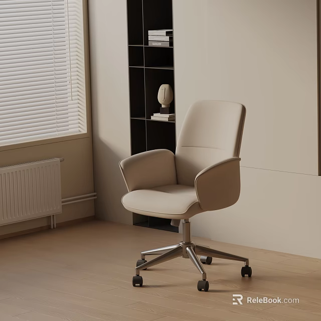 Modern Office Chair In Minimalist Room With Window Blinds Wooden Floor And Black Shelving Unit 3d model 