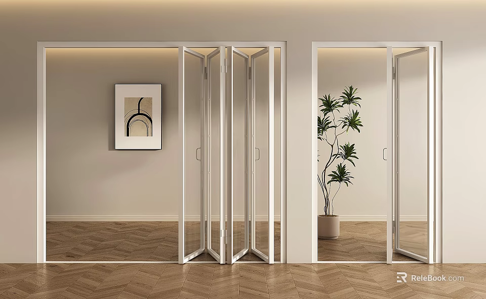 Modern Interior With Glass Folding Doors Herringbone Wooden Floor And Potted Plant 3d model 