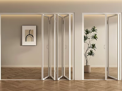 Modern Interior With Glass Folding Doors Herringbone Wooden Floor And Potted Plant 3d model