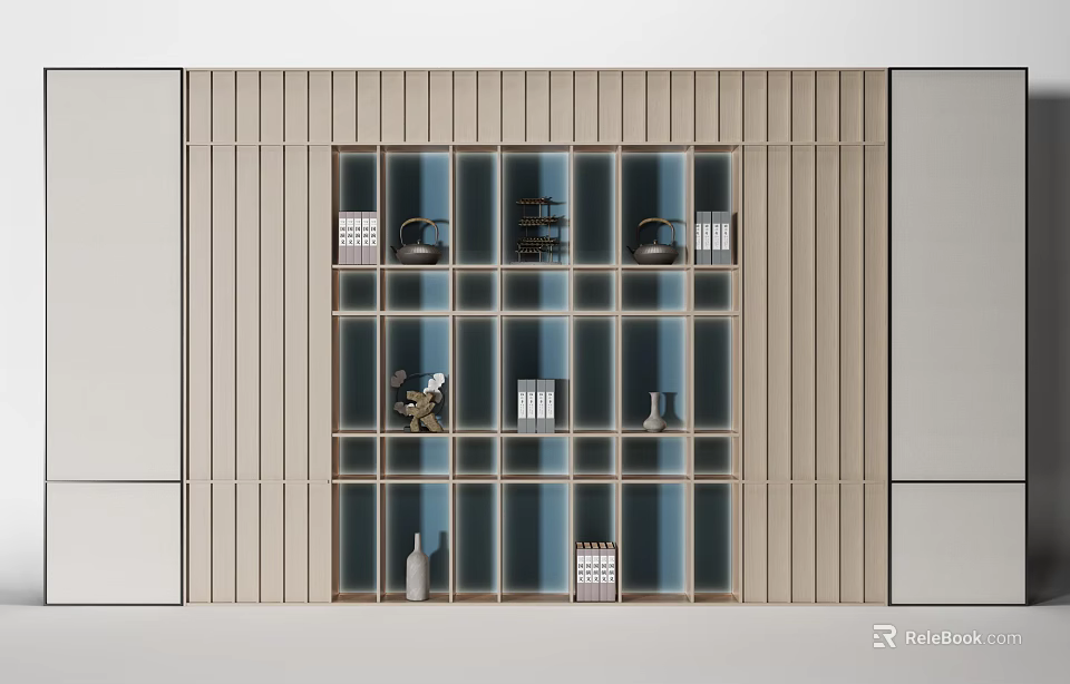 Modern Minimalist Decorative Cabinet With Wooden Frame Grid Design And Decorative Items 3d model 
