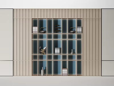 Modern Minimalist Decorative Cabinet With Wooden Frame Grid Design And Decorative Items 3d model