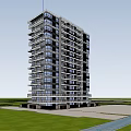 Modern High-Rise Apartment Building with Glass Curtain Walls Night View with Trees and Low-Rise Buildings