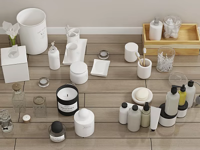 Modern Bathroom Accessories White Containers Candles Bottles Tray And Brush Arranged On Wooden Floor 3d model