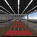Spacious Fitness Studio With Colored Exercise Balls Red Gray Yoga Mats Large Windows And City View