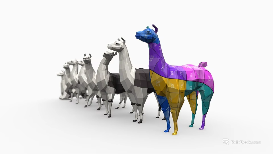 Colorful And Monochrome Llamas In Low Poly 3D Design Line Arrangement 3d model 